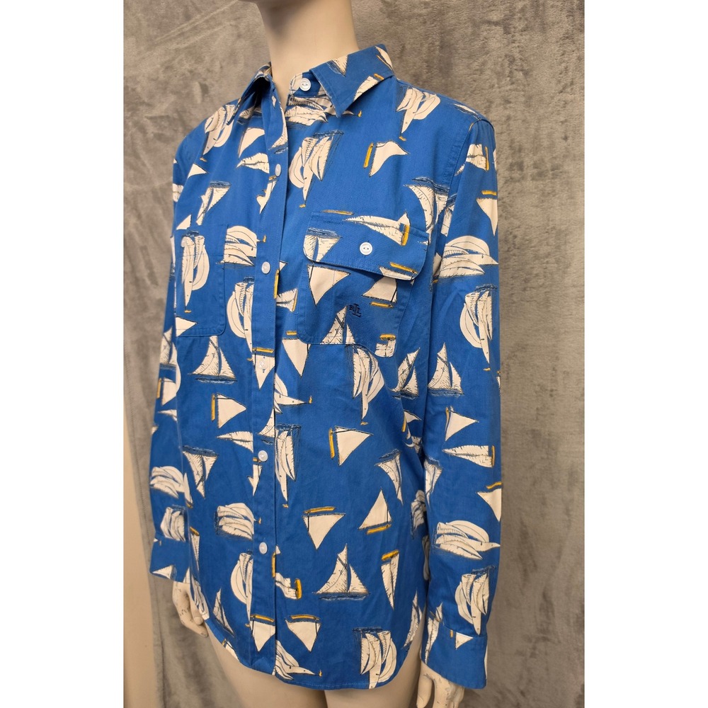 Lauren Ralph Lauren Womens Blue Sailboat Print Cotton Button Up Shirt Medium